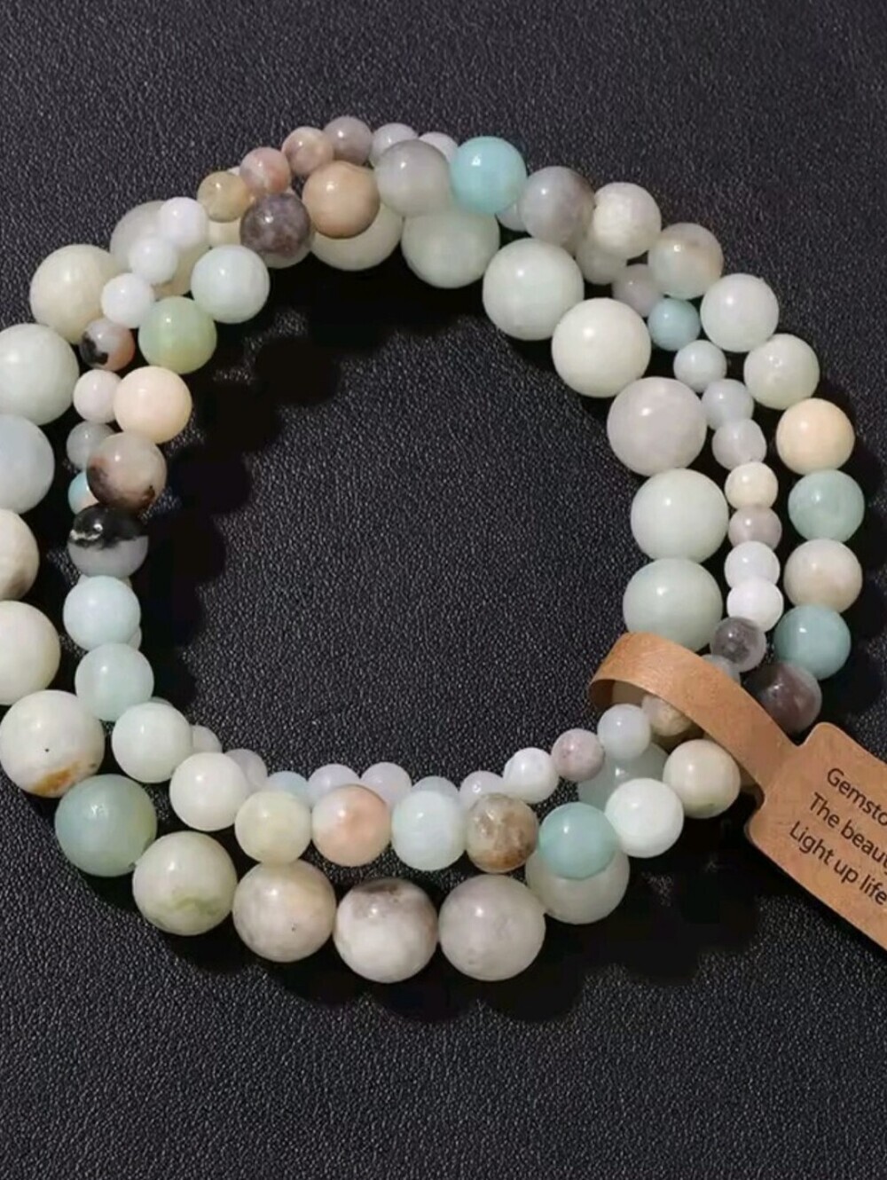3pc Natural Amazonite Gemstone Stretch Bracelet Set Boho Crystal Beaded Jewelry - Picture 4 of 8